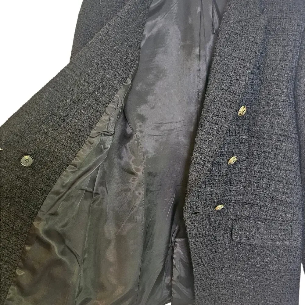 Zara Double Breasted Tweed Black Blazer with Gold Buttons Size Medium